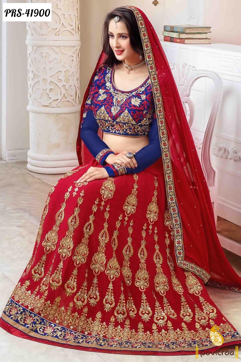 Buy Blue Lehenga Set with a Red Dupatta by DEBYANI at Ogaan Online Shopping  Site